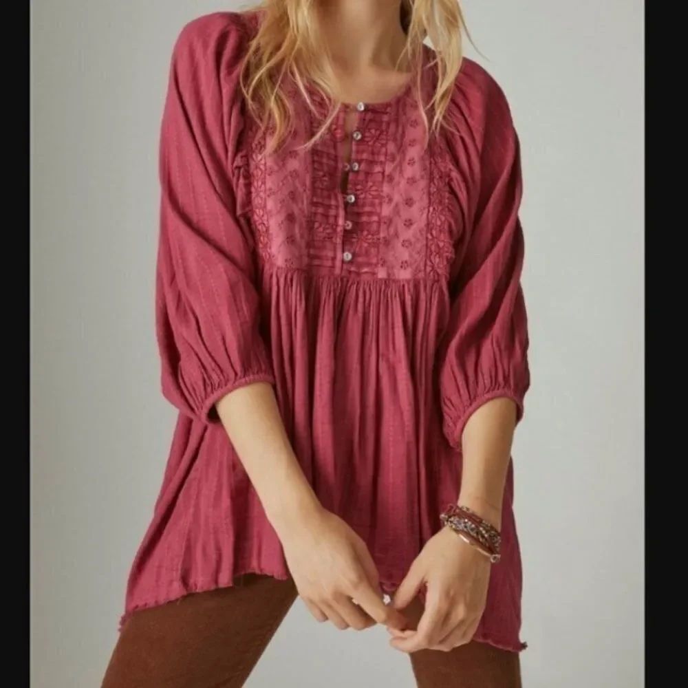 NWT Lucky Brand Embroidered Peasant Top Long Balloon Sleeve tunic top size xs
